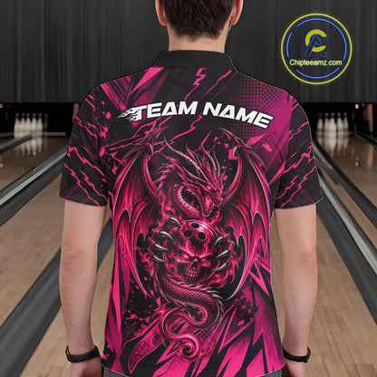 Custom Black And Pink Dragon Bowling Men Polo Shirt, Skull Bowling Ball Jersey IPHW12122