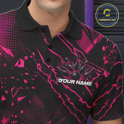 Custom Black And Pink Dragon Bowling Men Polo Shirt, Skull Bowling Ball Jersey IPHW12122
