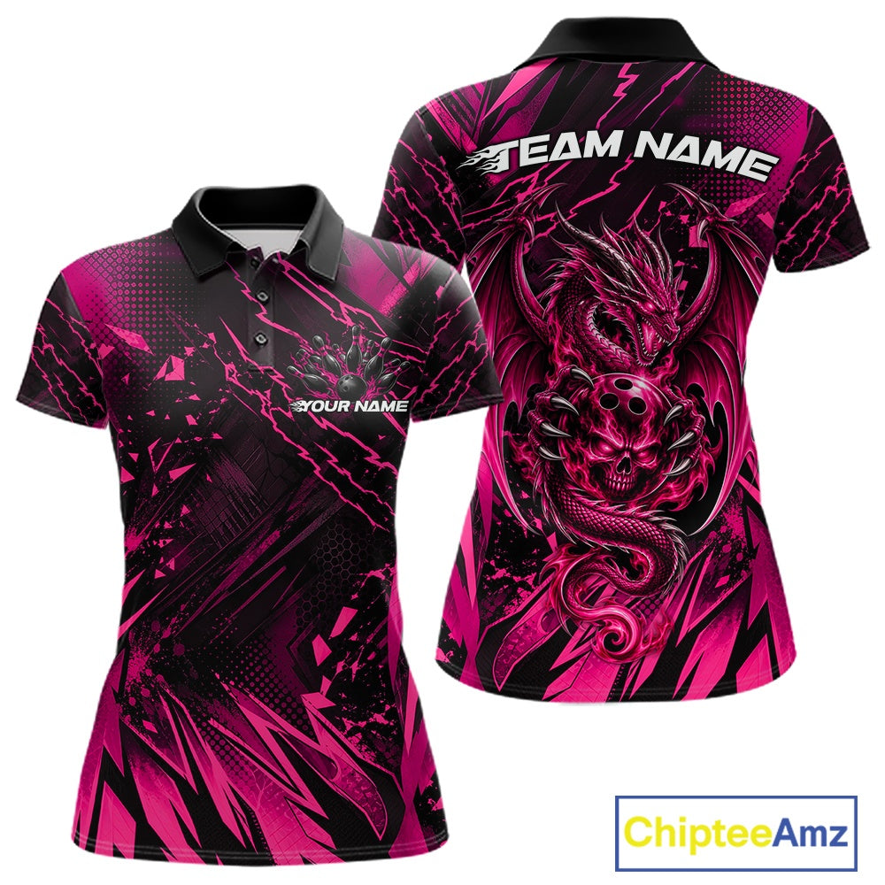 Custom Black And Pink Dragon Bowling Women Polo Shirt, Skull Bowling Ball Jersey IPHW12122