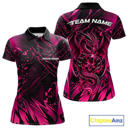 Custom Black And Pink Dragon Bowling Women Polo Shirt, Skull Bowling Ball Jersey IPHW12122