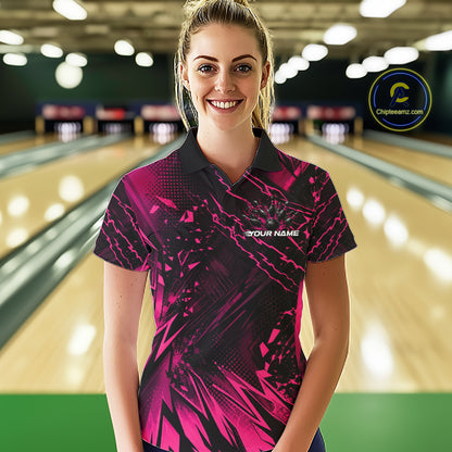Custom Black And Pink Dragon Bowling Women Polo Shirt, Skull Bowling Ball Jersey IPHW12122
