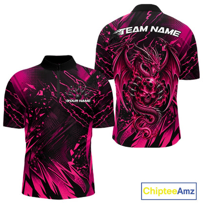 Custom Black And Pink Dragon Bowling Men Quarter Zip Shirt, Skull Bowling Ball Jersey IPHW12122