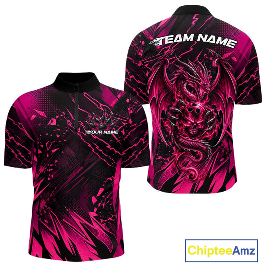 Custom Black And Pink Dragon Bowling Men Quarter Zip Shirt, Skull Bowling Ball Jersey IPHW12122