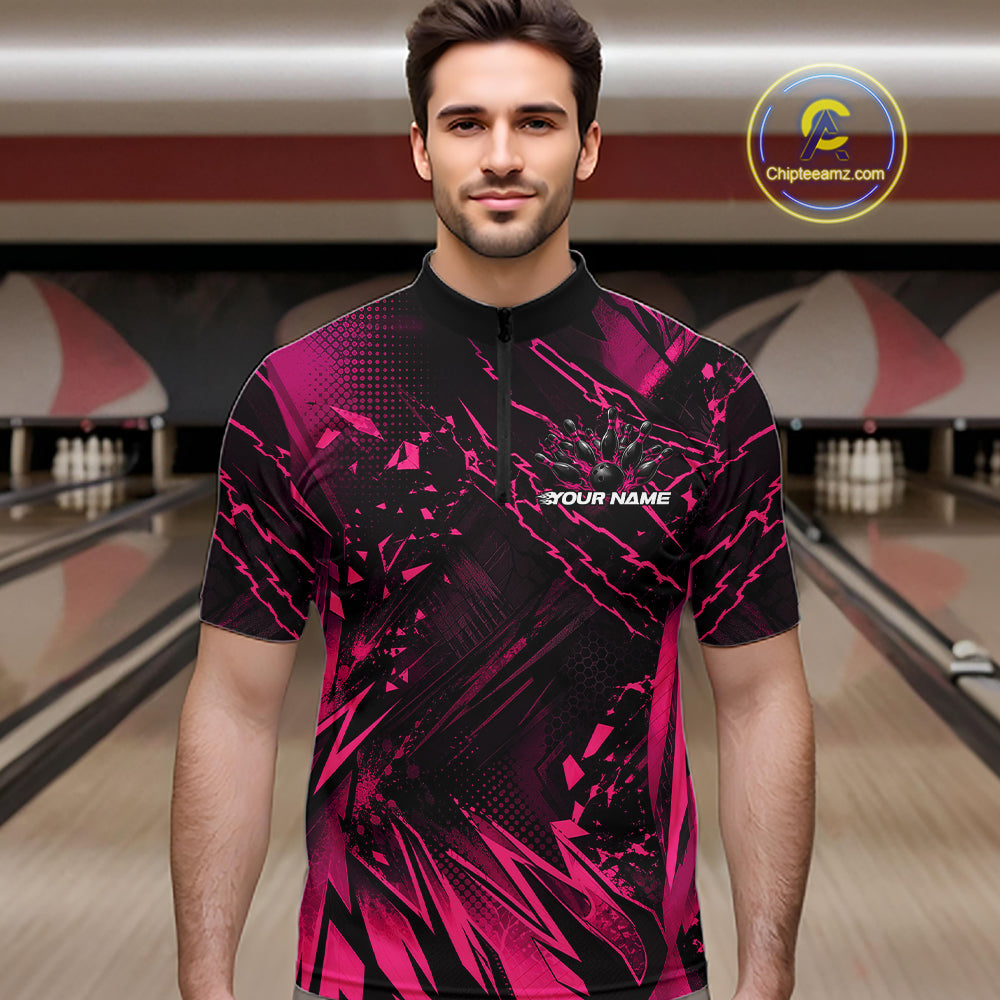 Custom Black And Pink Dragon Bowling Men Quarter Zip Shirt, Skull Bowling Ball Jersey IPHW12122