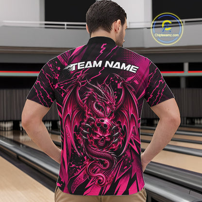 Custom Black And Pink Dragon Bowling Men Quarter Zip Shirt, Skull Bowling Ball Jersey IPHW12122