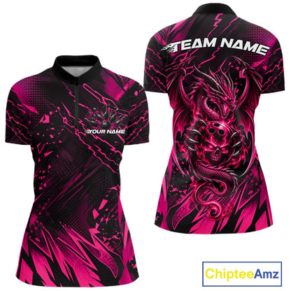 Custom Black And Pink Dragon Bowling Women Quarter-Zip Shirt, Skull Bowling Ball Jersey IPHW12122