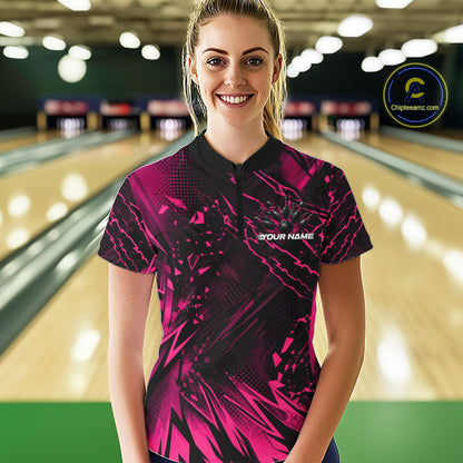 Custom Black And Pink Dragon Bowling Women Quarter-Zip Shirt, Skull Bowling Ball Jersey IPHW12122