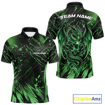 Custom Black And Green Dragon Bowling Men Polo Shirt, Skull Bowling Ball Jersey IPHW12123