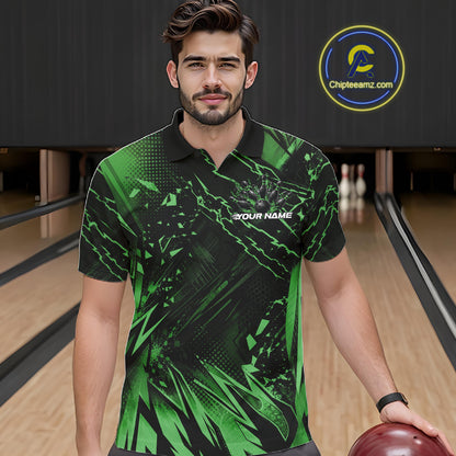 Custom Black And Green Dragon Bowling Men Polo Shirt, Skull Bowling Ball Jersey IPHW12123