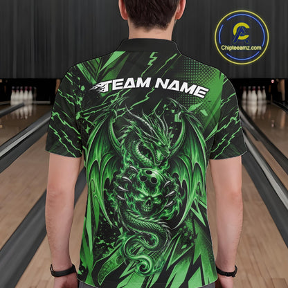 Custom Black And Green Dragon Bowling Men Polo Shirt, Skull Bowling Ball Jersey IPHW12123