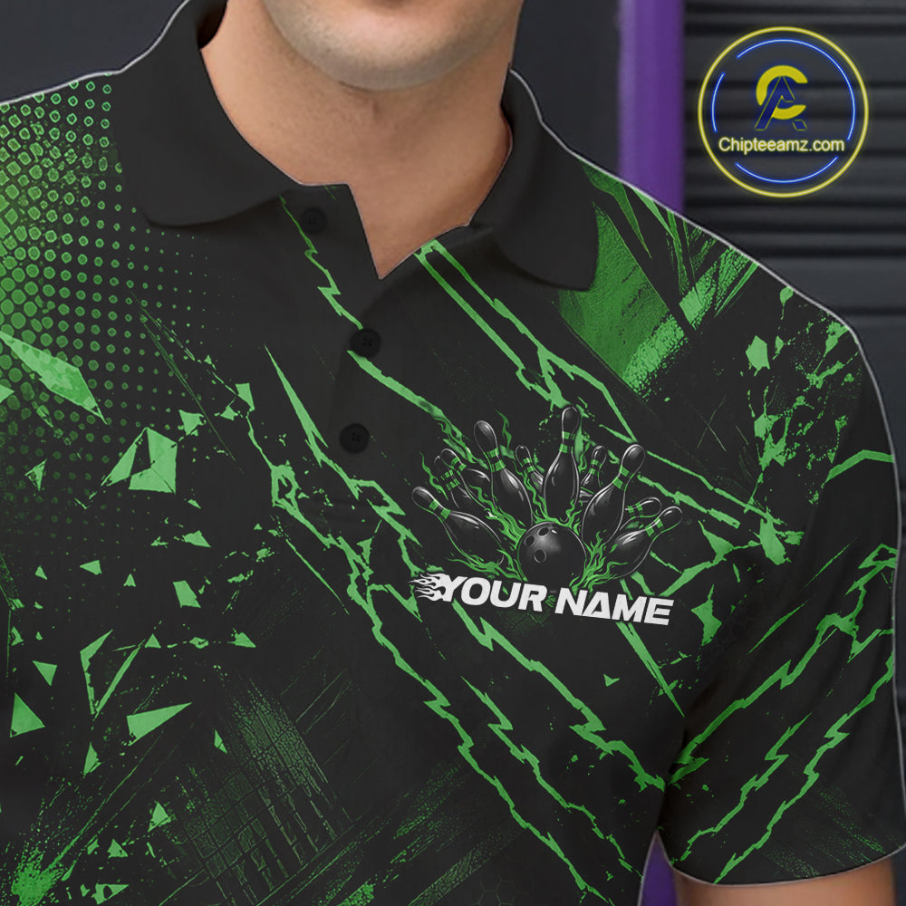 Custom Black And Green Dragon Bowling Men Polo Shirt, Skull Bowling Ball Jersey IPHW12123