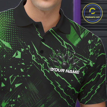 Custom Black And Green Dragon Bowling Men Polo Shirt, Skull Bowling Ball Jersey IPHW12123
