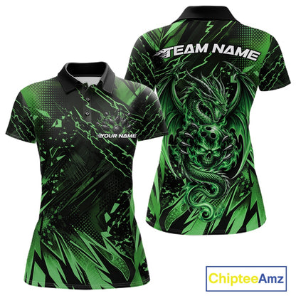 Custom Black And Green Dragon Bowling Women Polo Shirt, Skull Bowling Ball Jersey IPHW12123