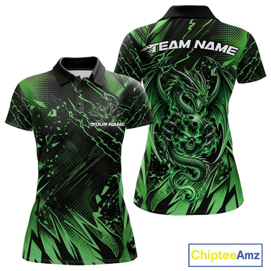 Custom Black And Green Dragon Bowling Women Polo Shirt, Skull Bowling Ball Jersey IPHW12123