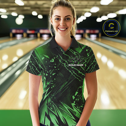 Custom Black And Green Dragon Bowling Women Polo Shirt, Skull Bowling Ball Jersey IPHW12123