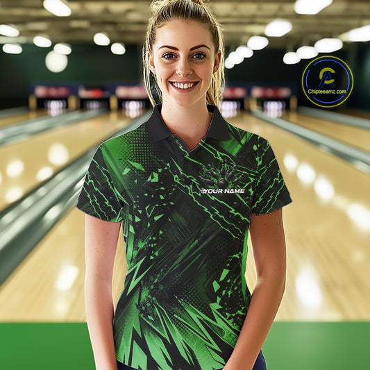 Custom Black And Green Dragon Bowling Women Polo Shirt, Skull Bowling Ball Jersey IPHW12123