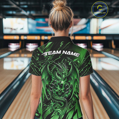 Custom Black And Green Dragon Bowling Women Polo Shirt, Skull Bowling Ball Jersey IPHW12123