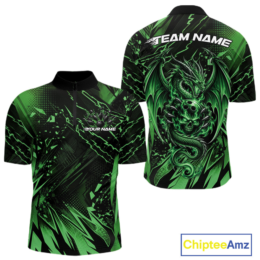 Custom Black And Green Dragon Bowling Men Quarter Zip Shirt, Skull Bowling Ball Jersey IPHW12123