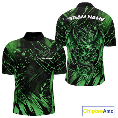 Custom Black And Green Dragon Bowling Men Quarter Zip Shirt, Skull Bowling Ball Jersey IPHW12123