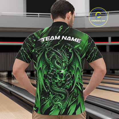 Custom Black And Green Dragon Bowling Men Quarter Zip Shirt, Skull Bowling Ball Jersey IPHW12123