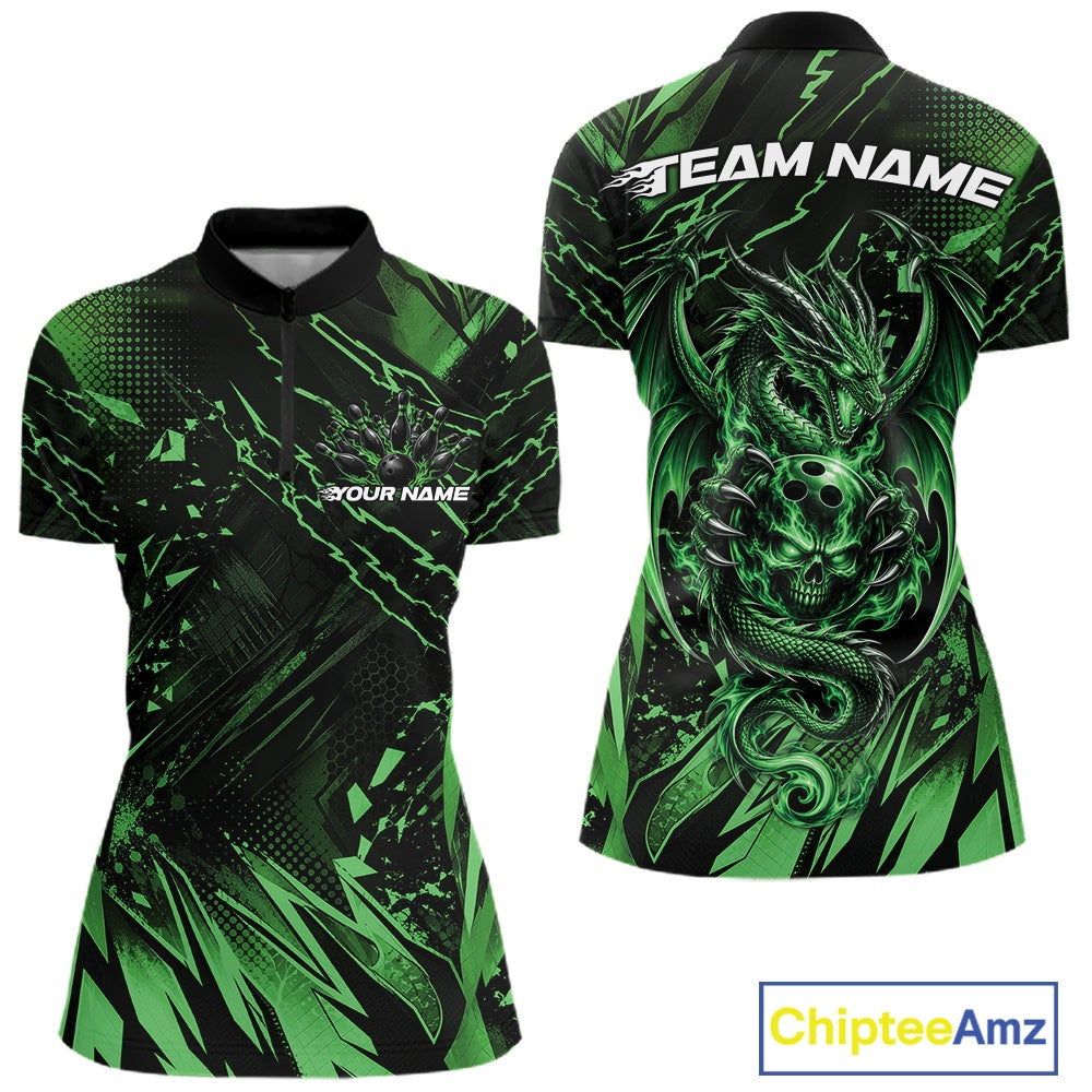 Custom Black And Green Dragon Bowling Women Quarter-Zip Shirt, Skull Bowling Ball Jersey IPHW12123