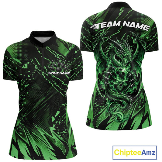 Custom Black And Green Dragon Bowling Women Quarter-Zip Shirt, Skull Bowling Ball Jersey IPHW12123