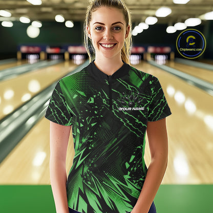 Custom Black And Green Dragon Bowling Women Quarter-Zip Shirt, Skull Bowling Ball Jersey IPHW12123