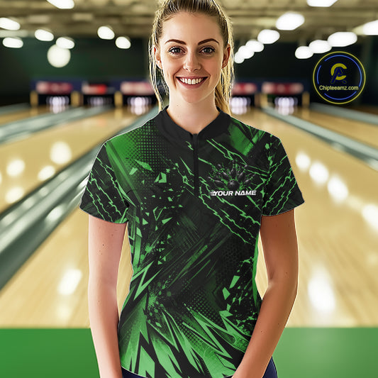 Custom Black And Green Dragon Bowling Women Quarter-Zip Shirt, Skull Bowling Ball Jersey IPHW12123