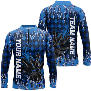 Blue Argyle Pattern Custom Flame Strike Bowling Shirts For Men, Bowling Team Shirt Bowler Outfit IPHW7896