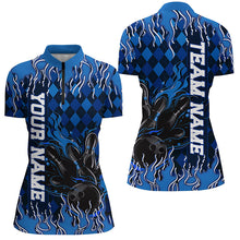 Load image into Gallery viewer, Blue Argyle Pattern Custom Flame Strike Ladies Bowling Shirts, Bowling Team Bowler Outfit IPHW7896