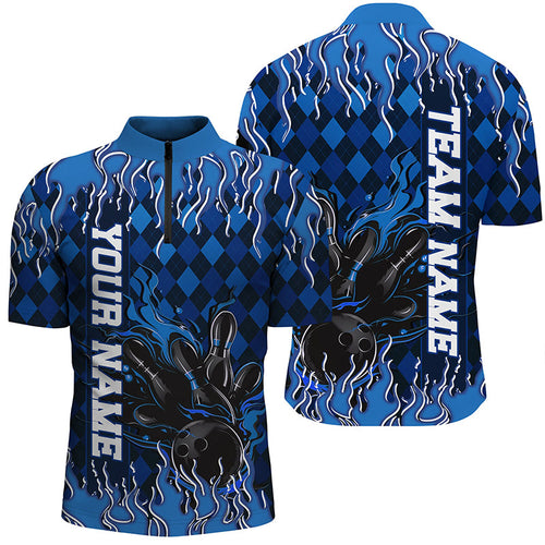 Blue Argyle Pattern Custom Flame Strike Bowling Shirts For Men, Bowling Team Shirt Bowler Outfit IPHW7896