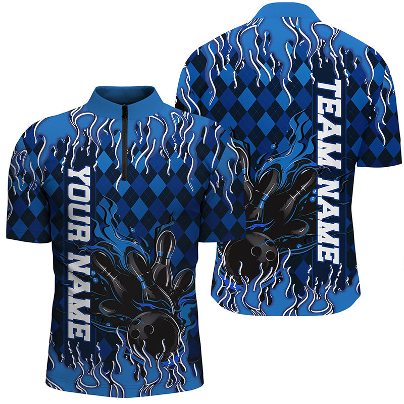 Blue Argyle Pattern Custom Flame Strike Bowling Shirts For Men, Bowling Team Shirt Bowler Outfit IPHW7896