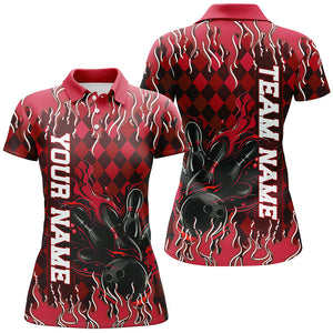 Red Argyle Pattern Custom Flame Strike Ladies Bowling Shirts, Bowling Team Bowler Outfit IPHW7897