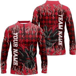 Red Argyle Pattern Custom Flame Strike Bowling Shirts For Men, Bowling Team Shirt Bowler Outfit IPHW7897