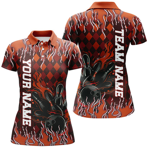 Orange Argyle Pattern Custom Flame Strike Bowling Shirts For Women, Bowling Team3 Outfit IPHW7898