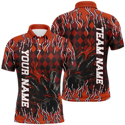 Orange Argyle Pattern Custom Flame Strike Bowling Shirts For Men, Bowling Team Shirt Outfit IPHW7898