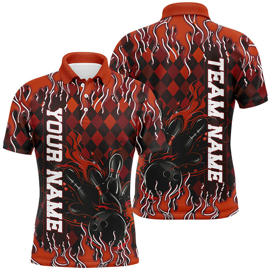 Orange Argyle Pattern Custom Flame Strike Bowling Shirts For Men, Bowling Team Shirt Outfit IPHW7898