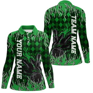 Green Argyle Pattern Custom Flame Strike Bowling Shirts For Women, Bowling Team Outfit IPHW7899