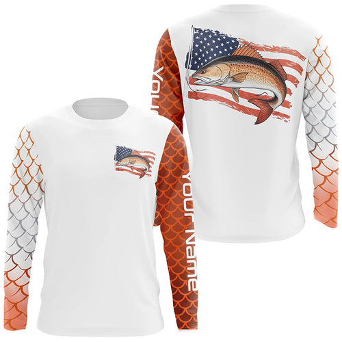 Red Drum Fishing Custom Long Sleeve Fishing Shirts, Patriotic Redfish Performance Fishing Shirt IPHW7901