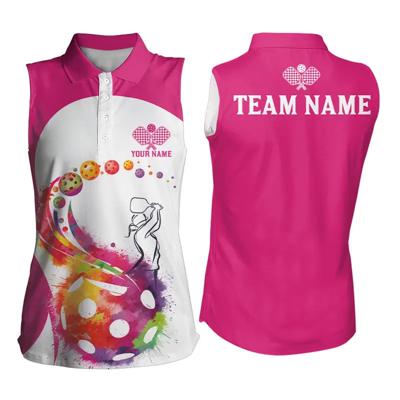 Custom Pink Watercolor Pickleball Women's Sleeveless Polo Shirts, Pickleball Jerseys IPHW8104
