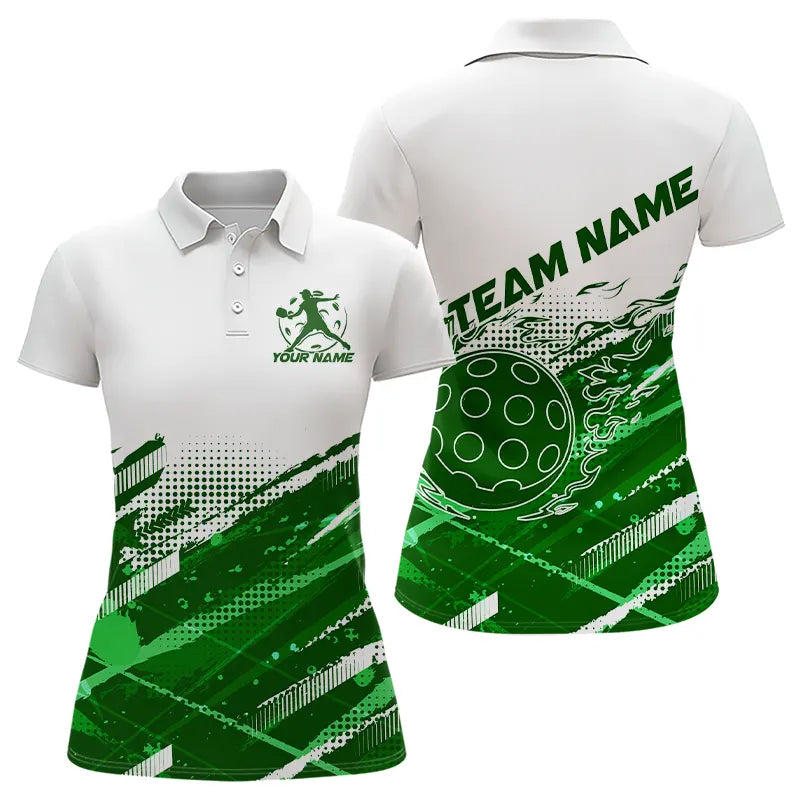 Custom Green Flame Pickleball Polo Shirts For Women, Pickleball Team Name Shirt IPHW8110