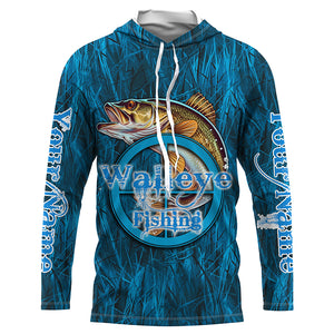 Personalized Walleye Long Sleeve Fishing Shirts, Walleye Tournament Fishing Shirts | Blue Camo IPHW5737