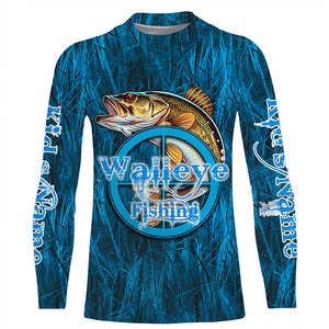 Personalized Walleye Long Sleeve Fishing Shirts, Walleye Tournament Fishing Shirts | Blue Camo IPHW5737