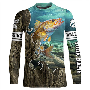 Lake Camo Walleye Fishing Custom Long Sleeve Fishing Shirts, Walleye Tournament Fishing Jerseys IPHW5742