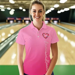 Pink Bowling Heart Custom Valentines Bowling Polo Shirts For Women, Bowling Couple Shirt IPHW8338