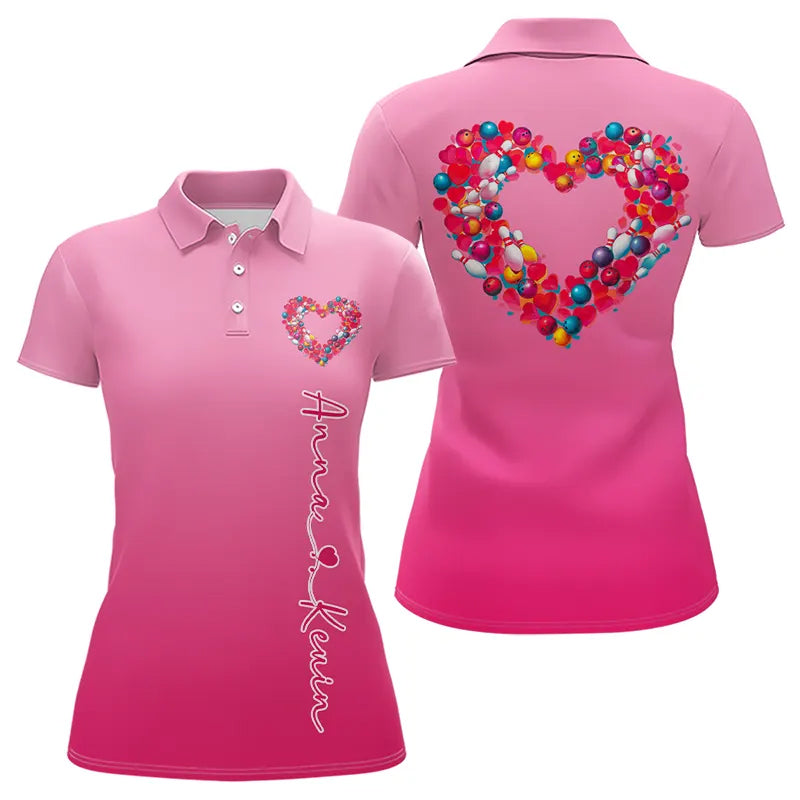 Pink Bowling Heart Custom Valentines Bowling Polo Shirts For Women, Bowling Couple Shirt IPHW8338