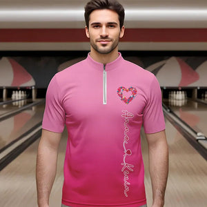 Pink Bowling Heart Custom Valentines Bowling Quarter-Zip Shirts For Men, Bowling Couple Shirt IPHW8338