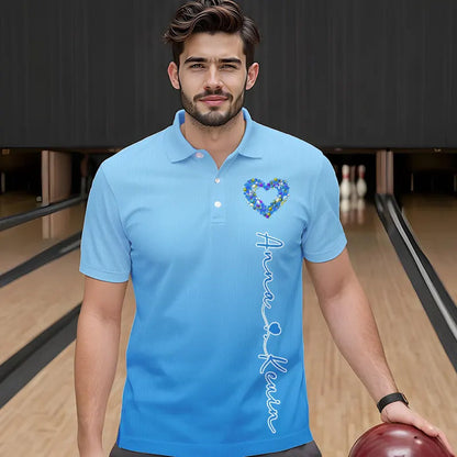 Blue Bowling Heart Custom Valentines Bowling Polo Shirts For Men, Bowling Couple Shirt IPHW8339