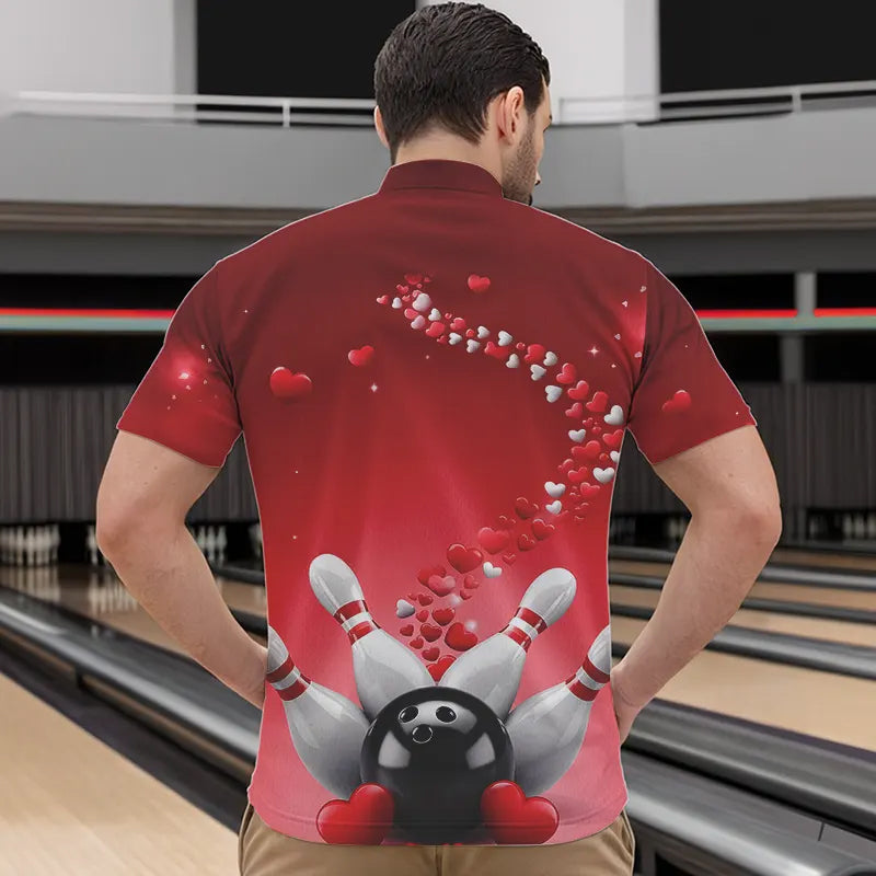 Red Heart Theme Custom Valentines Bowling Quarter-Zip Shirts For Men, Couple Bowling Shirt IPHW8344