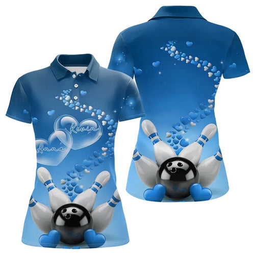 Blue Heart Theme Custom Valentines Bowling Polo Shirts For Women, Couple Bowling Shirt IPHW8345